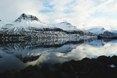 Scenic view of lake and mountains against sky