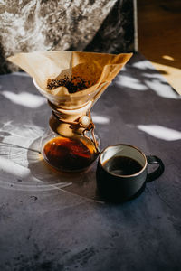 High angle view of coffee cup on table