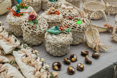 High angle view of wicker basket on table