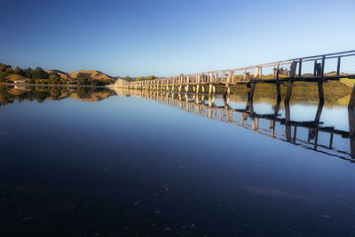 Bridge over lake against clear blue sky