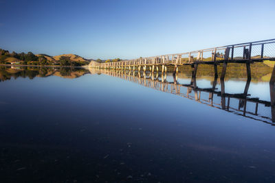 Bridge over lake against clear blue sky