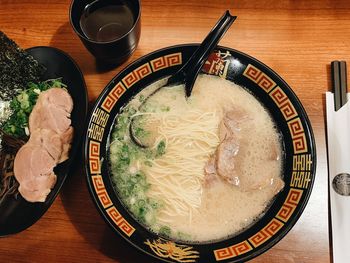 High angle view of soup in bowl on table