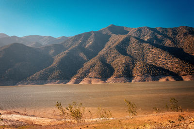 Scenic view of desert against clear blue sky