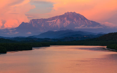 Scenic view of lake and mountains against sky during sunset