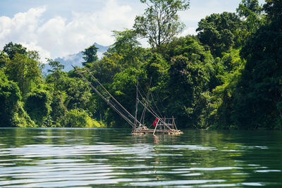 Fisherman tool on raft at lake by trees against sky