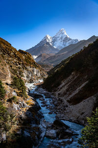 Scenic view of snowcapped mountains against clear blue sky