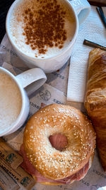 Breakfast coffee bagel croissant 