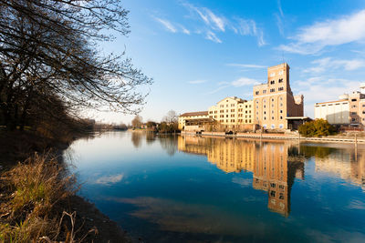 Lake by buildings against sky