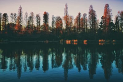 Scenic view of lake against sky at sunset