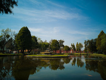 Reflection of trees in lake against sky