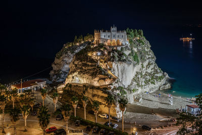 Night view of the sanctuary of santa maria dell'isola, tropea, calabria, italy