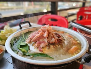Close-up of soup in bowl on table