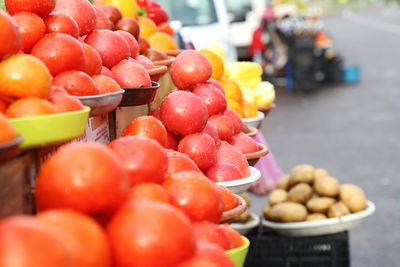 Tomatoes selling on local farm market, eco vegetables, juicy products. shopping organic products.