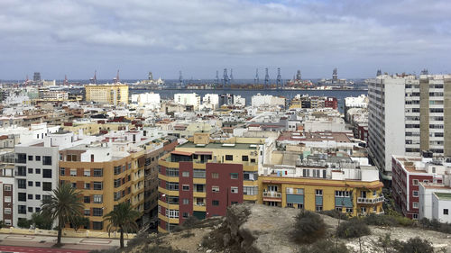 High angle view of buildings against sky