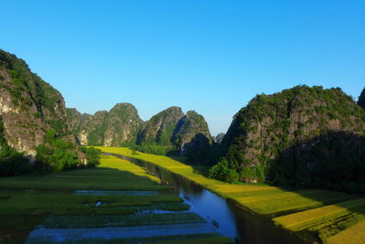 Scenic view of river and mountains against clear blue sky