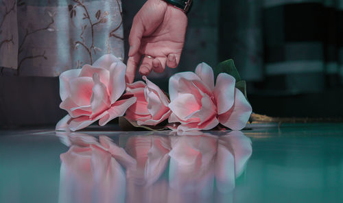 Surface level of person touching flower on floor at home