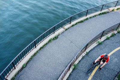 High angle view of person riding bicycle
