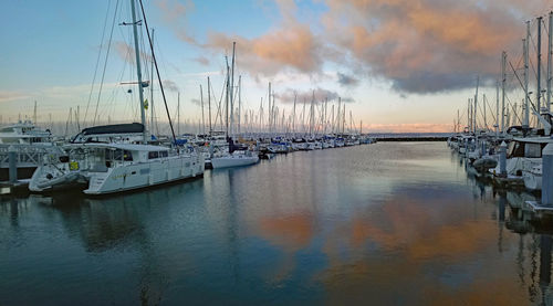 Sailboats moored in harbor at sunset