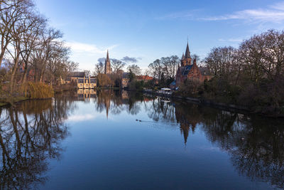 Reflection of building an trees in water against blue sky