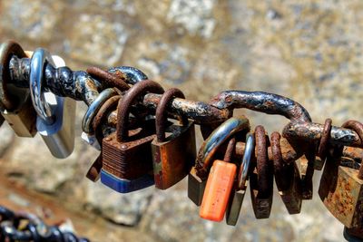 Close-up of padlocks on railing