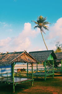 Gazebo at beach against sky