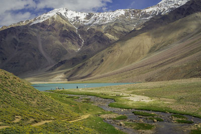 Scenic view of lake and mountains against sky