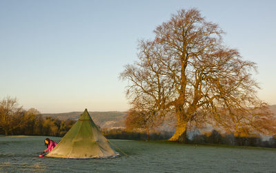 Frosty tent on a field in south wales