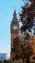 Low angle view of big ben by trees against clear sky