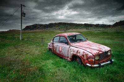 Iceland countryside with an old car