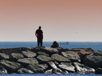 Rear view of man standing by dog on shore at beach against sky