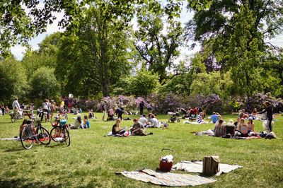 People sitting at park against sky