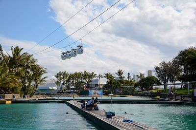 People swimming in pool against sky