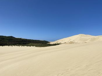 Scenic view of desert against clear blue sky