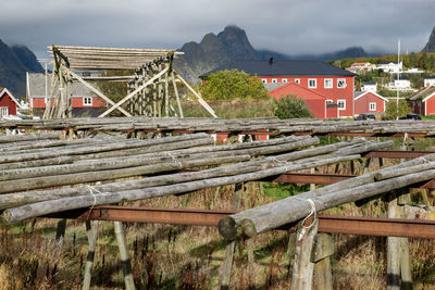 Picturesque landscape on a fishing village with fish drier in reine in lofoten islands, north norway