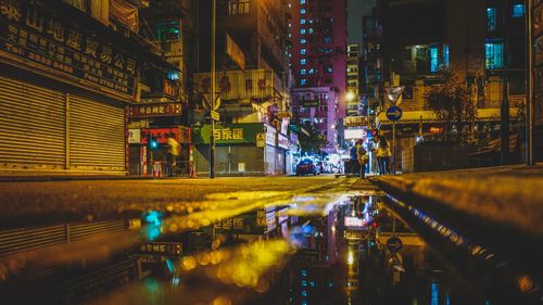 Reflection of illuminated buildings on puddle at night