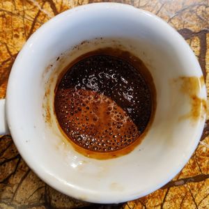 High angle view of coffee cup on table