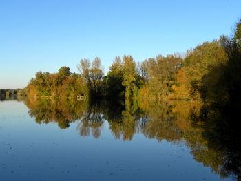 Scenic view of lake against clear blue sky