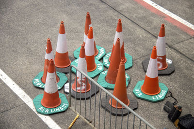 High angle view of traffic cones on road
