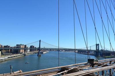 View of suspension bridge against clear blue sky