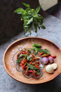 High angle view of vegetables in bowl on table