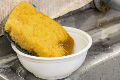 High angle view of bread in bowl on table