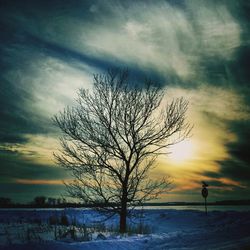 Snow covered field against cloudy sky