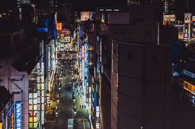 View of city lit up at night