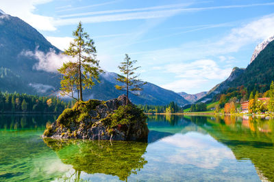 Scenic view of lake by trees against sky