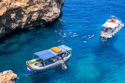 High angle view of ship in sea