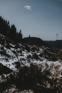 Scenic view of mountains against sky during winter