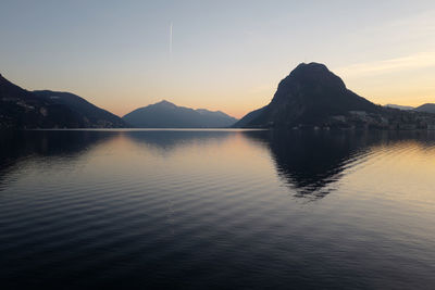 Scenic view of lake against sky during sunset