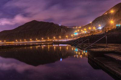 Reflection of illuminated mountain in natural swimming pool at the sea with sky at night