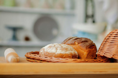 Close-up of bread in basket on table