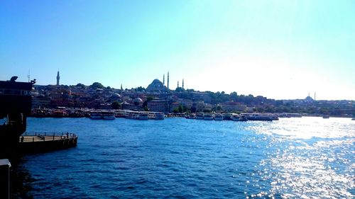 View of cityscape against clear blue sky